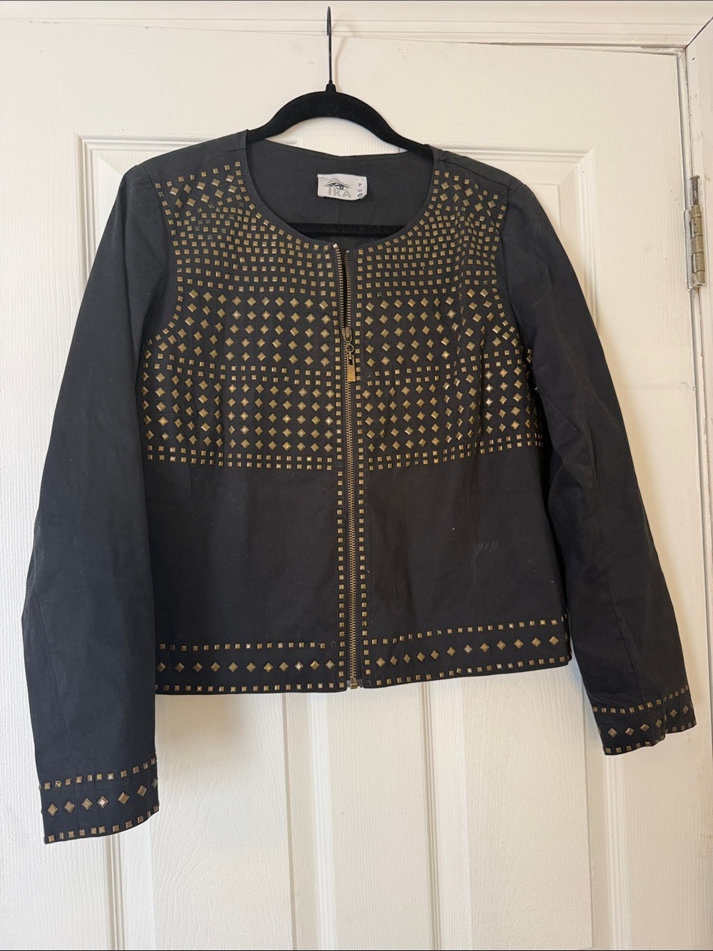 IRA Black Studded Zip Front Jacket Cotton Blend Bronze Studded Size PM